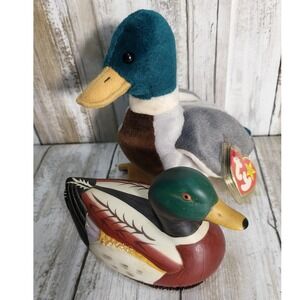 Vintage Jasco Mallard Duck Figurine Ceramic and TY Beanie Baby Jake Mallard duck